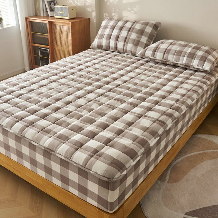 91家纺网 家纺一手货源 找家纺 锦丝钰床垫 2025春夏新款全棉色织水洗棉床笠 灰中格