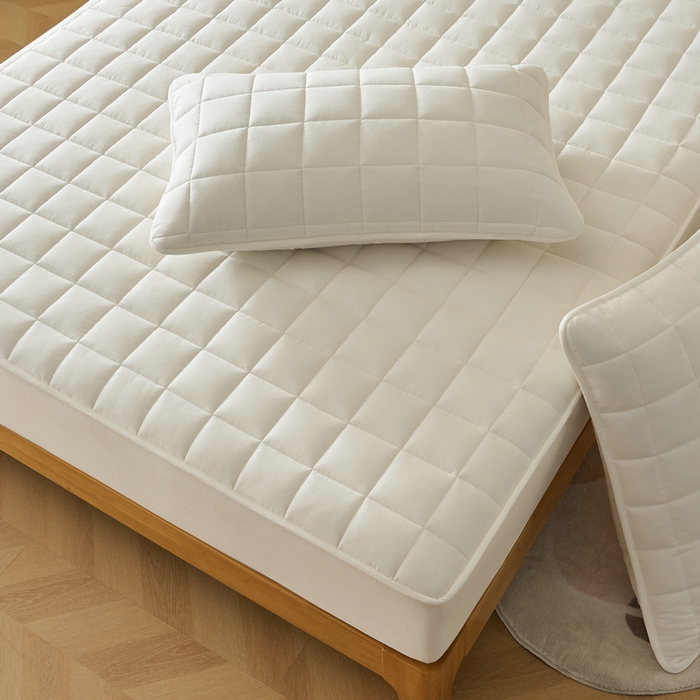 91家纺网 家纺一手货源 找家纺 锦丝钰床垫 2025春夏新款全棉色织水洗棉床笠 白色