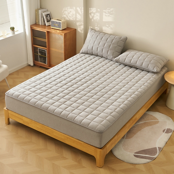 91家纺网 家纺一手货源 找家纺 锦丝钰床垫 2025春夏新款全棉色织水洗棉床笠 浅灰