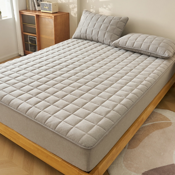 91家纺网 家纺一手货源 找家纺 锦丝钰床垫 2025春夏新款全棉色织水洗棉床笠 浅灰