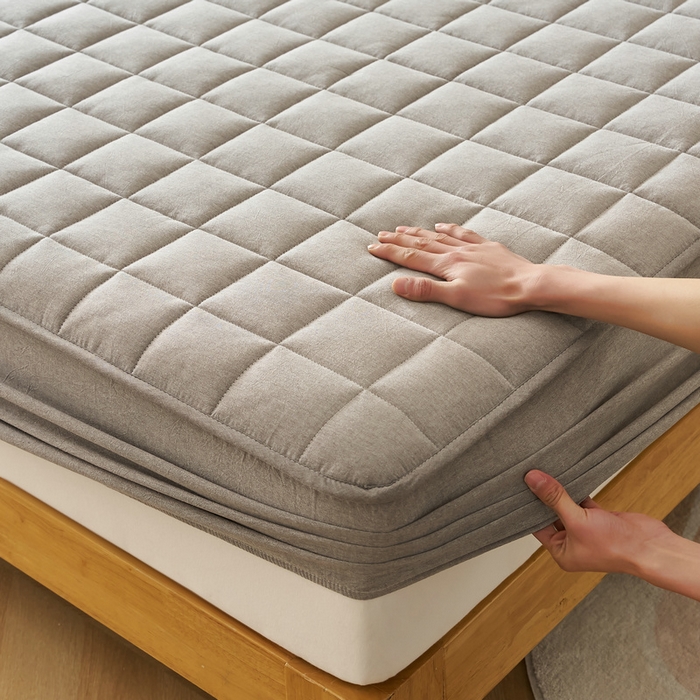 91家纺网 家纺一手货源 找家纺 锦丝钰床垫 2025春夏新款全棉色织水洗棉床笠 浅灰