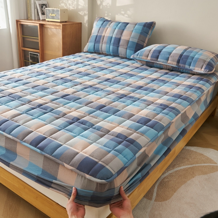 91家纺网 家纺一手货源 找家纺 锦丝钰床垫 2025春夏新款全棉色织水洗棉床笠 彩格