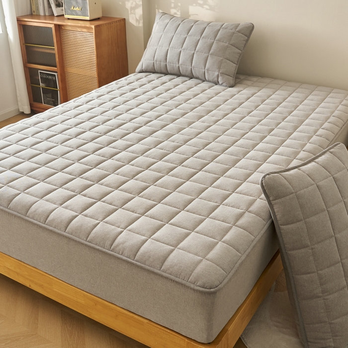 91家纺网 家纺一手货源 找家纺 锦丝钰床垫 2025春夏新款全棉色织水洗棉床笠 浅灰