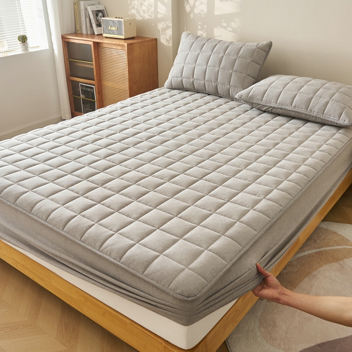 91家纺网 家纺一手货源 找家纺 锦丝钰床垫 2025春夏新款全棉色织水洗棉床笠 浅灰