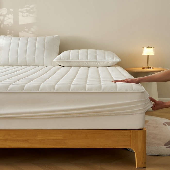 91家纺网 家纺一手货源 找家纺 锦丝钰床垫 2025春夏新款全棉色织水洗棉床笠 白色