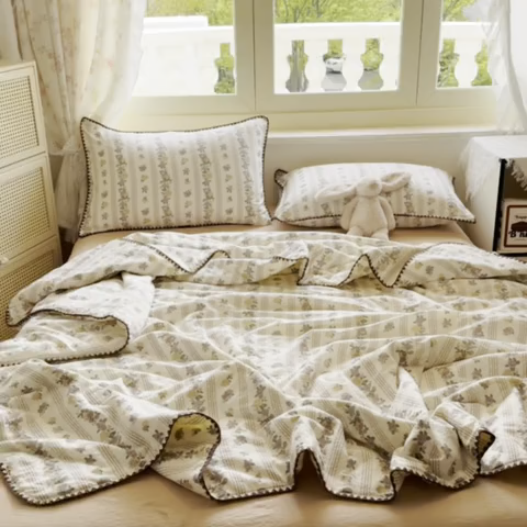 91家纺网 家纺一手货源 找家纺 星巴k家纺 2025新款春夏云感双层纱A类母婴级三角针夏被贝壳边夏凉被贝壳绣【可提供买家秀】 贝壳绣-玫瑰哒