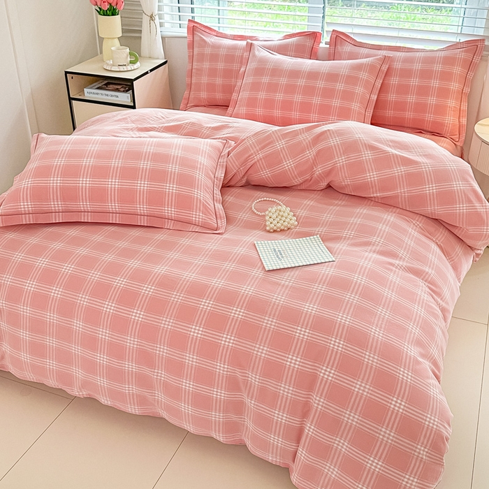 91家纺网 家纺一手货源 找家纺 侯先生家纺 2025新款全棉色织四件套纯棉被套床单四季款格子三件套 多伦多-粉