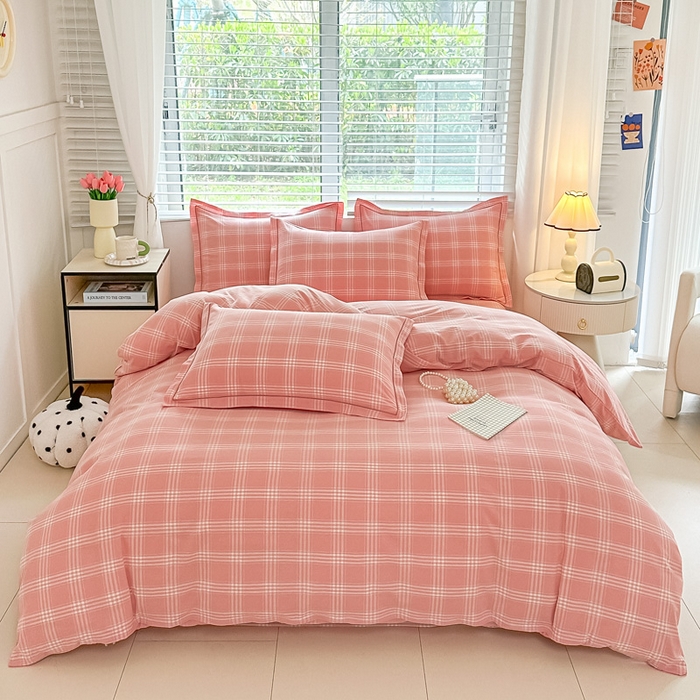 91家纺网 家纺一手货源 找家纺 侯先生家纺 2025新款全棉色织四件套纯棉被套床单四季款格子三件套 多伦多-粉