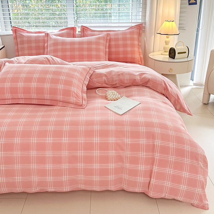 91家纺网 家纺一手货源 找家纺 侯先生家纺 2025新款全棉色织四件套纯棉被套床单四季款格子三件套 多伦多-粉