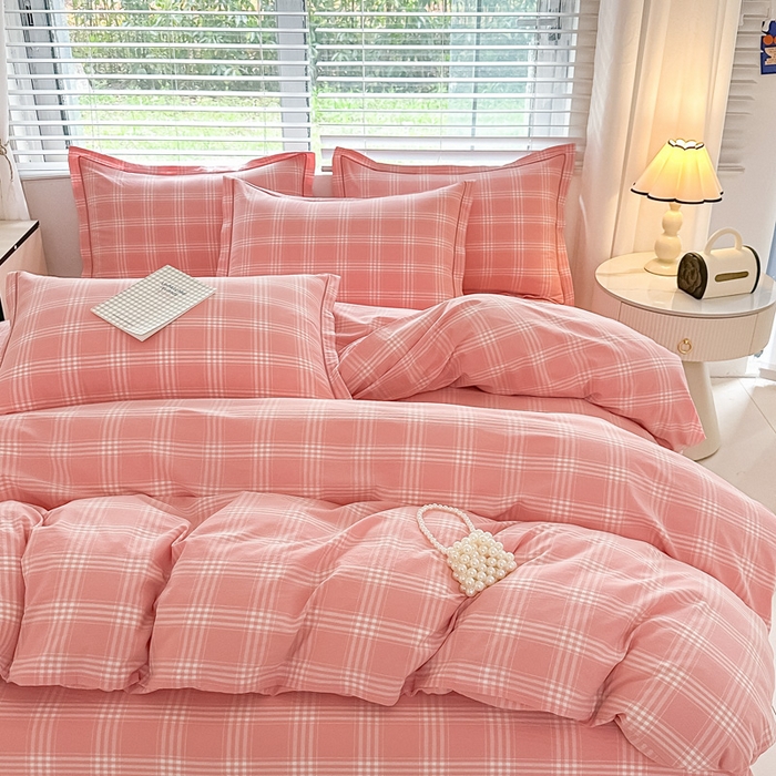 91家纺网 家纺一手货源 找家纺 侯先生家纺 2025新款全棉色织四件套纯棉被套床单四季款格子三件套 多伦多-粉