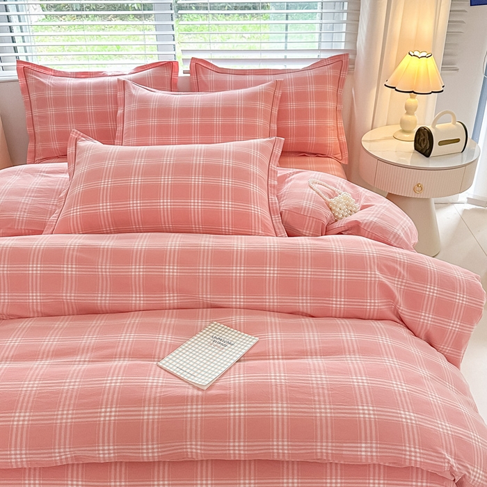 91家纺网 家纺一手货源 找家纺 侯先生家纺 2025新款全棉色织四件套纯棉被套床单四季款格子三件套 多伦多-粉