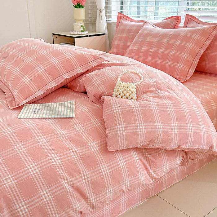 91家纺网 家纺一手货源 找家纺 侯先生家纺 2025新款全棉色织四件套纯棉被套床单四季款格子三件套 多伦多-粉