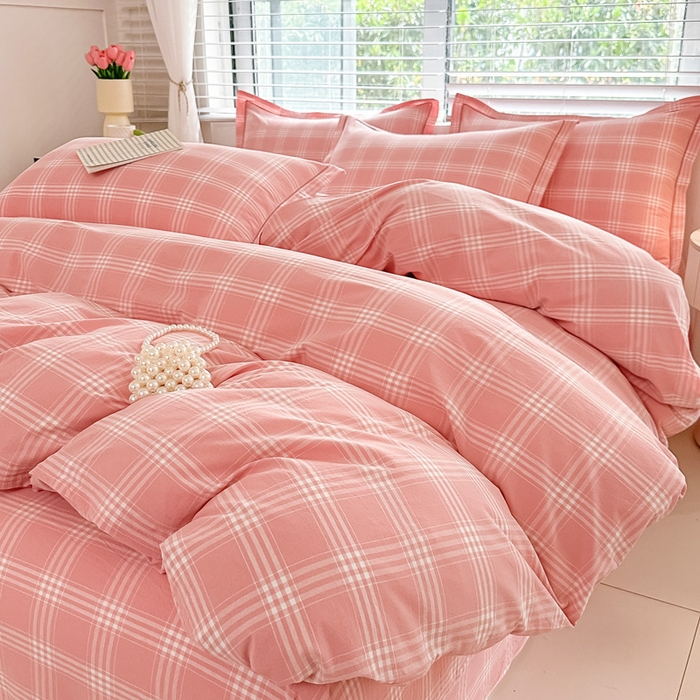 91家纺网 家纺一手货源 找家纺 侯先生家纺 2025新款全棉色织四件套纯棉被套床单四季款格子三件套 多伦多-粉