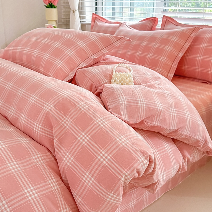 91家纺网 家纺一手货源 找家纺 侯先生家纺 2025新款全棉色织四件套纯棉被套床单四季款格子三件套 多伦多-粉