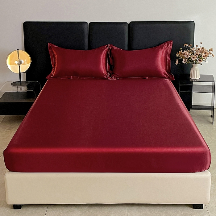 91家纺网 家纺一手货源 找家纺 恬澳家纺 2025新款冰丝床笠 冰丝-酒红