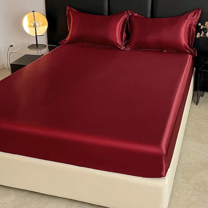 91家纺网 家纺一手货源 找家纺 恬澳家纺 2025新款冰丝床笠 冰丝-酒红