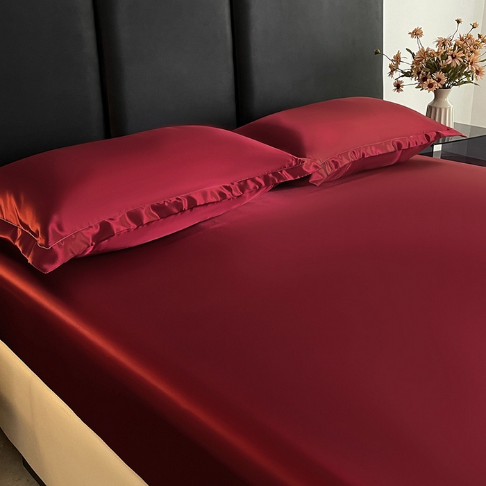 91家纺网 家纺一手货源 找家纺 恬澳家纺 2025新款冰丝床笠 冰丝-酒红