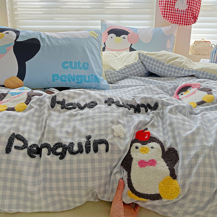 91家纺网 家纺一手货源 找家纺 海岛哥哥 2025新款大版毛巾绣四件套 可爱企鹅