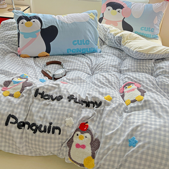 91家纺网 家纺一手货源 找家纺 海岛哥哥 2025新款大版毛巾绣四件套 可爱企鹅