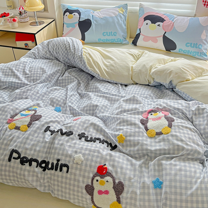 91家纺网 家纺一手货源 找家纺 海岛哥哥 2025新款大版毛巾绣四件套 可爱企鹅