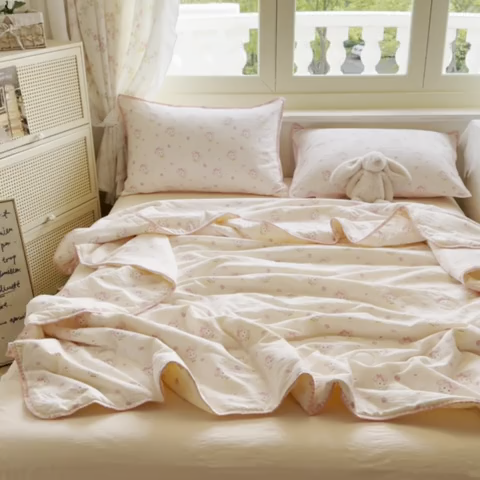 91家纺网 家纺一手货源 找家纺 星巴k家纺 2025新款春夏云感双层纱A类母婴级三角针夏被贝壳边夏凉被贝壳绣【可提供买家秀】 贝壳绣-小妹冰淇淋