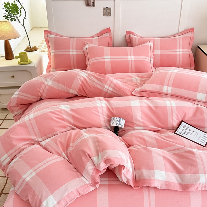 91家纺网 家纺一手货源 找家纺 侯先生家纺 2025新款全棉色织四件套纯棉被套床单四季款格子三件套 布鲁格-粉