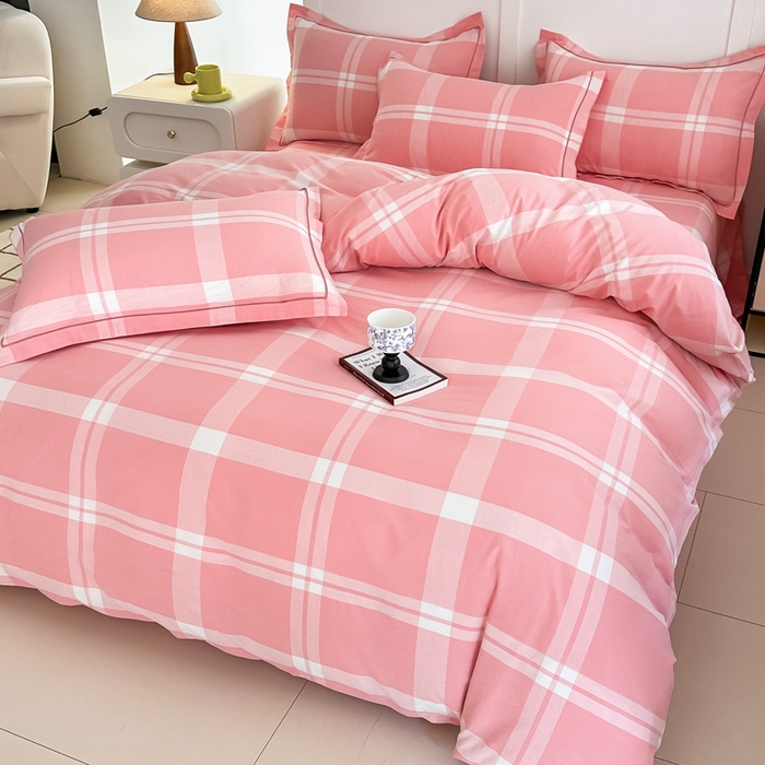 91家纺网 家纺一手货源 找家纺 侯先生家纺 2025新款全棉色织四件套纯棉被套床单四季款格子三件套 布鲁格-粉