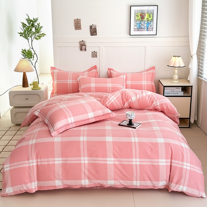 91家纺网 家纺一手货源 找家纺 侯先生家纺 2025新款全棉色织四件套纯棉被套床单四季款格子三件套 布鲁格-粉