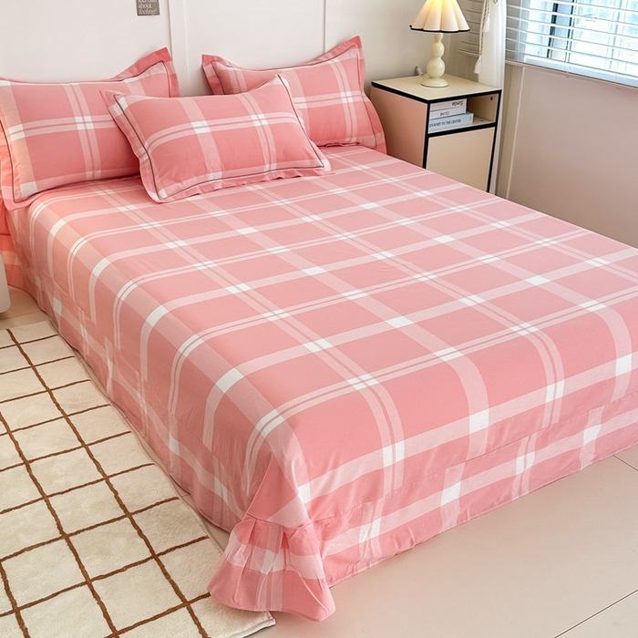 91家纺网 家纺一手货源 找家纺 侯先生家纺 2025新款全棉色织四件套纯棉被套床单四季款格子三件套 布鲁格-粉