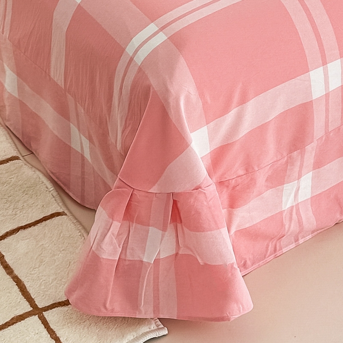 91家纺网 家纺一手货源 找家纺 侯先生家纺 2025新款全棉色织四件套纯棉被套床单四季款格子三件套 布鲁格-粉