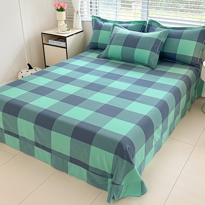 91家纺网 家纺一手货源 找家纺 侯先生家纺 2025新款全棉色织四件套纯棉被套床单四季款格子三件套 荷绿大格