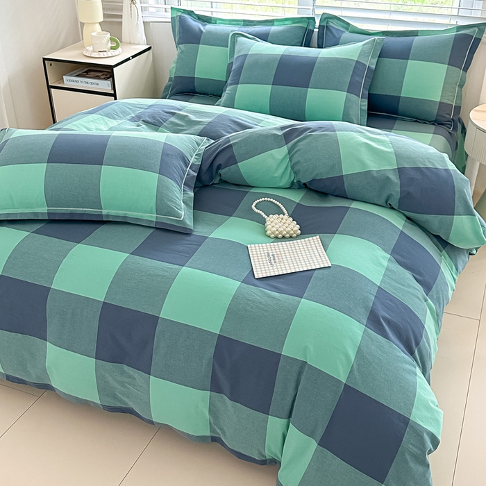 91家纺网 家纺一手货源 找家纺 侯先生家纺 2025新款全棉色织四件套纯棉被套床单四季款格子三件套 荷绿大格