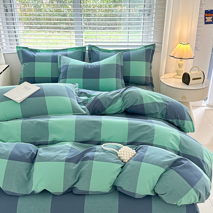 91家纺网 家纺一手货源 找家纺 侯先生家纺 2025新款全棉色织四件套纯棉被套床单四季款格子三件套 荷绿大格