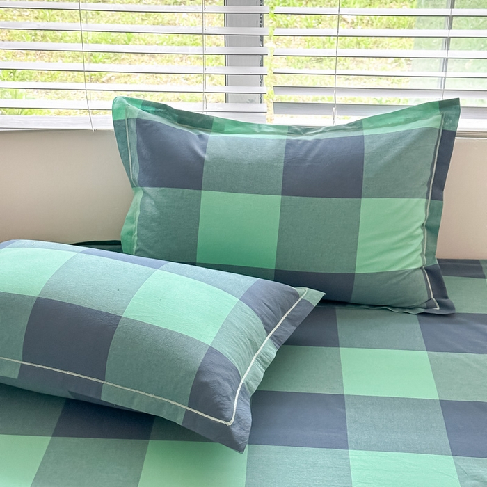 91家纺网 家纺一手货源 找家纺 侯先生家纺 2025新款全棉色织四件套纯棉被套床单四季款格子三件套 荷绿大格