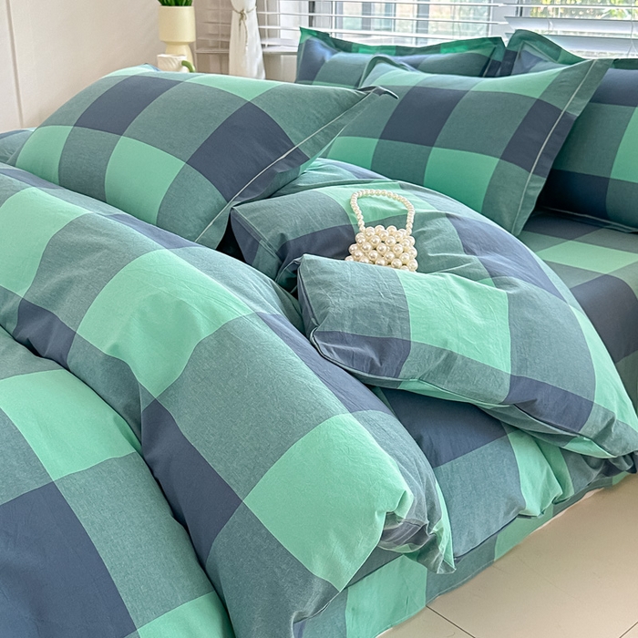 91家纺网 家纺一手货源 找家纺 侯先生家纺 2025新款全棉色织四件套纯棉被套床单四季款格子三件套 荷绿大格