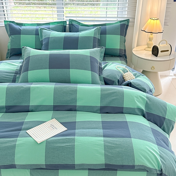 91家纺网 家纺一手货源 找家纺 侯先生家纺 2025新款全棉色织四件套纯棉被套床单四季款格子三件套 荷绿大格