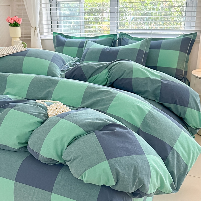 91家纺网 家纺一手货源 找家纺 侯先生家纺 2025新款全棉色织四件套纯棉被套床单四季款格子三件套 荷绿大格