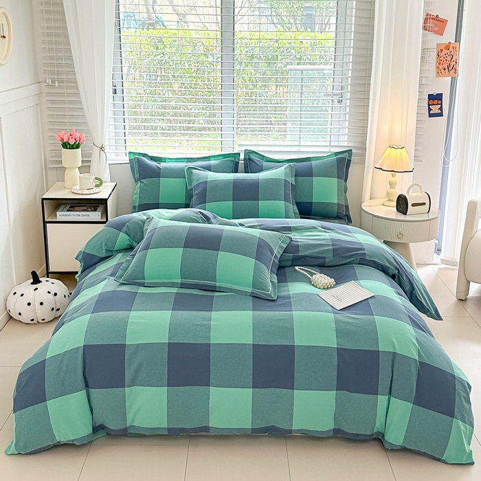 91家纺网 家纺一手货源 找家纺 侯先生家纺 2025新款全棉色织四件套纯棉被套床单四季款格子三件套 荷绿大格