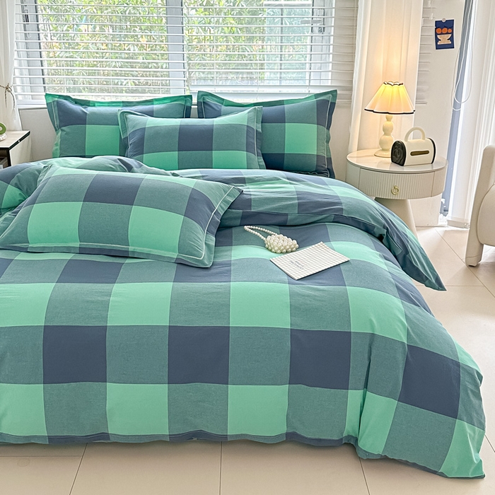 91家纺网 家纺一手货源 找家纺 侯先生家纺 2025新款全棉色织四件套纯棉被套床单四季款格子三件套 荷绿大格