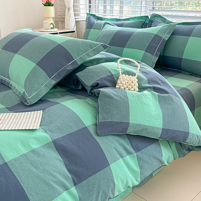 91家纺网 家纺一手货源 找家纺 侯先生家纺 2025新款全棉色织四件套纯棉被套床单四季款格子三件套 荷绿大格