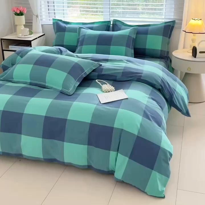 91家纺网 家纺一手货源 找家纺 侯先生家纺 2025新款全棉色织四件套纯棉被套床单四季款格子三件套 荷绿大格