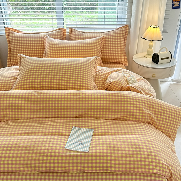91家纺网 家纺一手货源 找家纺 侯先生家纺 2025新款全棉色织四件套纯棉被套床单四季款格子三件套 黄粉小格