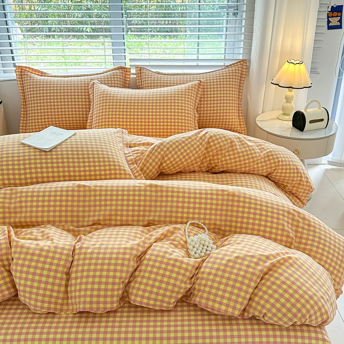 91家纺网 家纺一手货源 找家纺 侯先生家纺 2025新款全棉色织四件套纯棉被套床单四季款格子三件套 黄粉小格