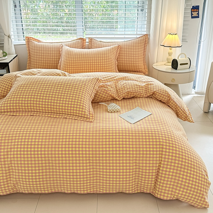 91家纺网 家纺一手货源 找家纺 侯先生家纺 2025新款全棉色织四件套纯棉被套床单四季款格子三件套 黄粉小格