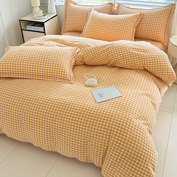 91家纺网 家纺一手货源 找家纺 侯先生家纺 2025新款全棉色织四件套纯棉被套床单四季款格子三件套 黄粉小格