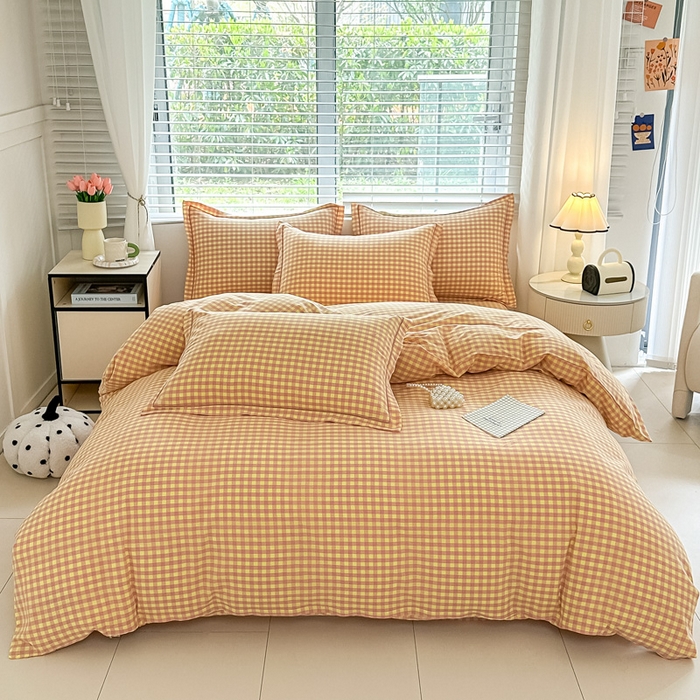 91家纺网 家纺一手货源 找家纺 侯先生家纺 2025新款全棉色织四件套纯棉被套床单四季款格子三件套 黄粉小格