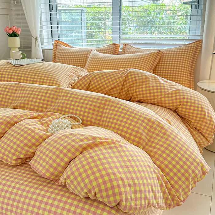 91家纺网 家纺一手货源 找家纺 侯先生家纺 2025新款全棉色织四件套纯棉被套床单四季款格子三件套 黄粉小格