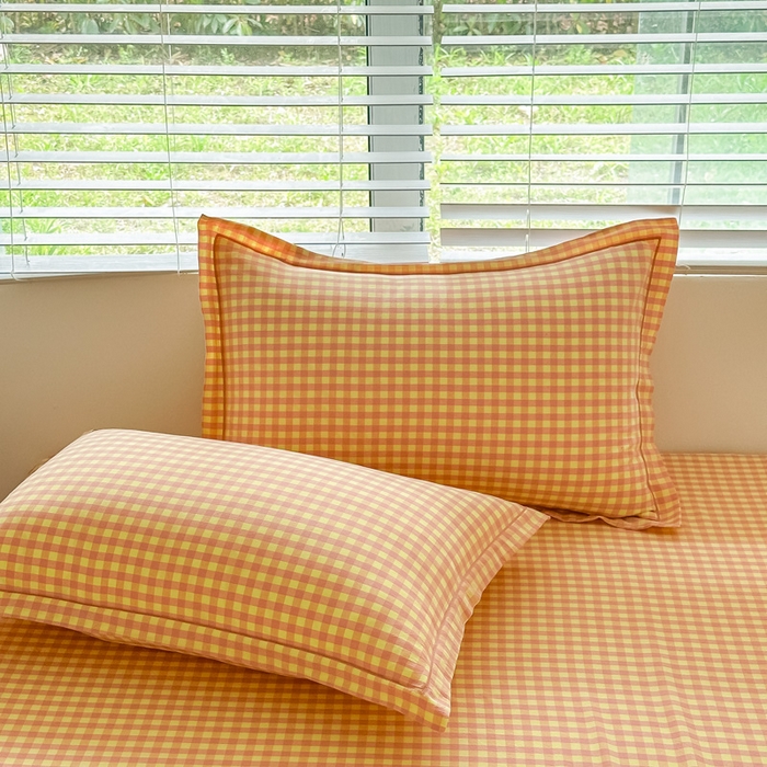 91家纺网 家纺一手货源 找家纺 侯先生家纺 2025新款全棉色织四件套纯棉被套床单四季款格子三件套 黄粉小格