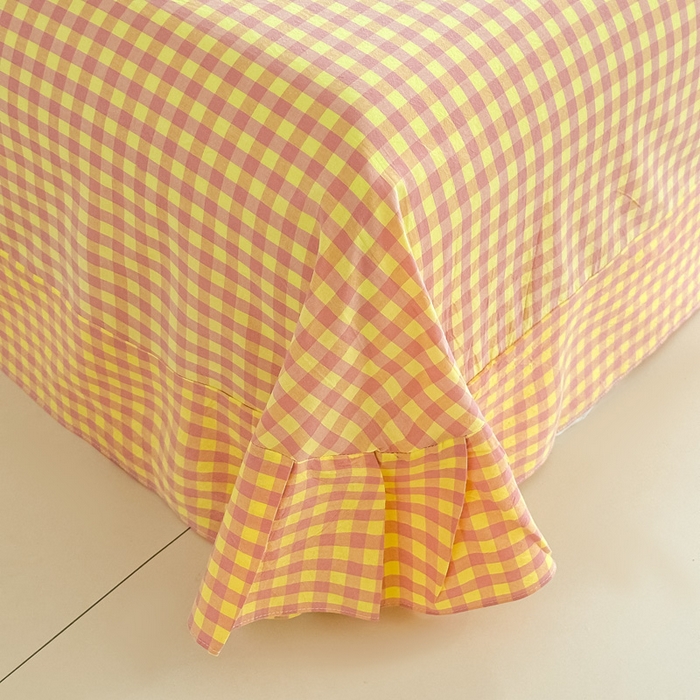 91家纺网 家纺一手货源 找家纺 侯先生家纺 2025新款全棉色织四件套纯棉被套床单四季款格子三件套 黄粉小格