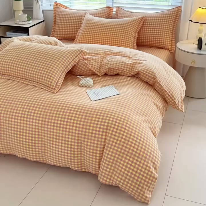 91家纺网 家纺一手货源 找家纺 侯先生家纺 2025新款全棉色织四件套纯棉被套床单四季款格子三件套 黄粉小格